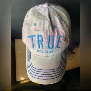 💕 True Religion baseball hat pastel pink with light blue logo embroidery OSFA💕